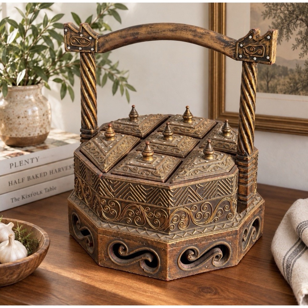 Vintage Hand Carved Wooden Spice Box 7 Compartment Octagonal Gilded Moroccan